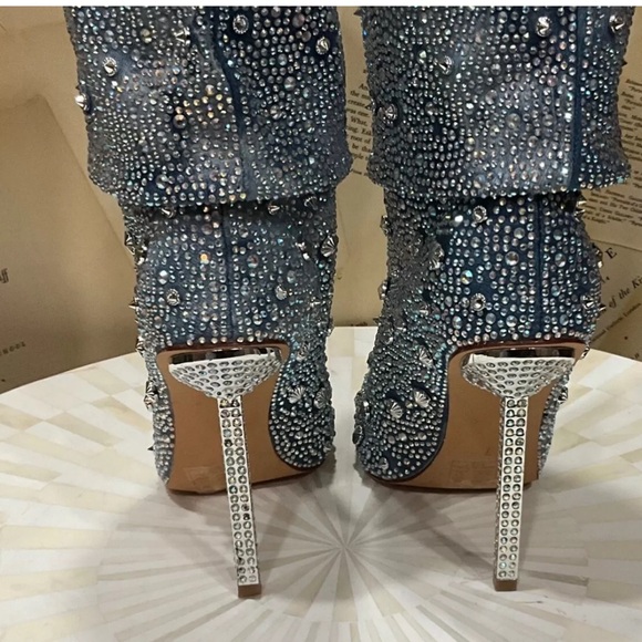 Urban Outfitters Azalea Wang Challengers Rhinestone Denim Boots Stiletto - Picture 10 of 12